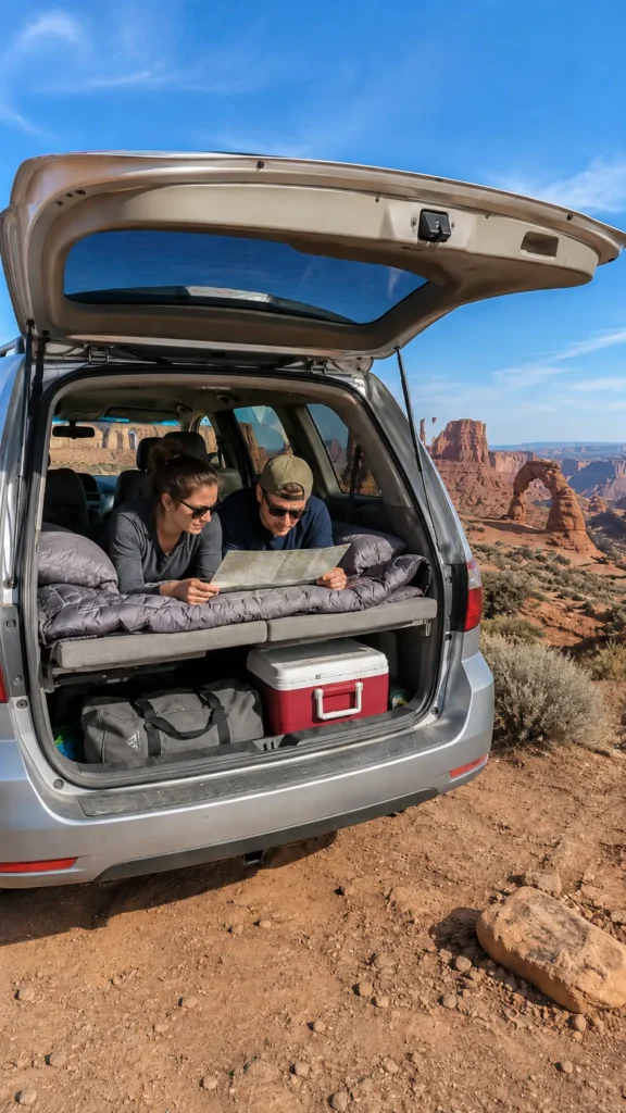 Minivan camping setup in the desert with two campers reading a map, gray bedding, red cooler, gray duffel bag, and red rock arch view.