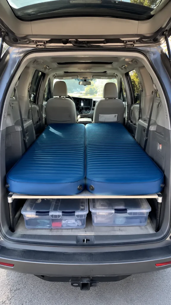 Toyota Sienna minivan camping setup with two blue sleeping pads on a raised platform and clear storage bins underneath.