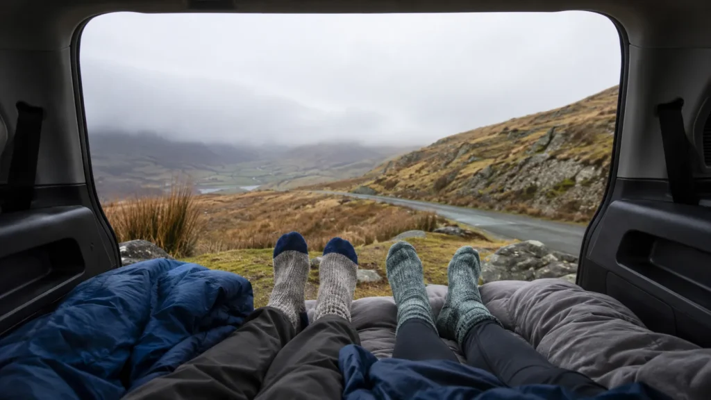 Cozy minivan camping view from inside the open hatch, showing two people’s socked feet on bedding and a misty mountain valley outside.
