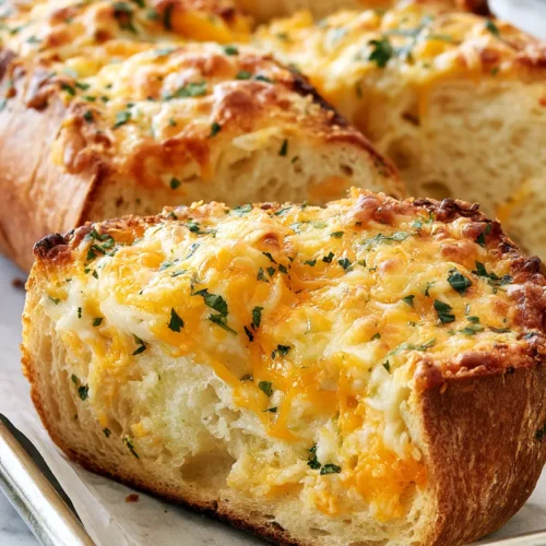 Hyper-realistic close-up of a single thick 1 1/2-inch slice of cheesy garlic bread from a French bread loaf, shown on a parchment-lined light metal baking sheet with the remaining sliced loaf softly blurred in the background, crisp golden crust, soft airy French bread crumb, moderate melted mozzarella and cheddar on top, buttery garlic spread visible under the cheese, light browned spots, chopped parsley, bright white kitchen setting, white marble counter, soft natural window light, shallow depth of field, editorial food photography, realistic textures and proportions, not ciabatta, not focaccia, no people, no hands, no text, no watermark