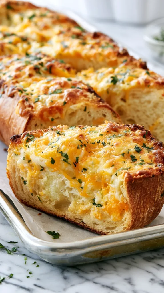 Hyper-realistic close-up of a single thick 1 1/2-inch slice of cheesy garlic bread from a French bread loaf, shown on a parchment-lined light metal baking sheet with the remaining sliced loaf softly blurred in the background, crisp golden crust, soft airy French bread crumb, moderate melted mozzarella and cheddar on top, buttery garlic spread visible under the cheese, light browned spots, chopped parsley, bright white kitchen setting, white marble counter, soft natural window light, shallow depth of field, editorial food photography, realistic textures and proportions, not ciabatta, not focaccia, no people, no hands, no text, no watermark