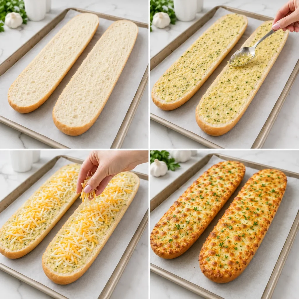 Hyper realistic 4 panel step by step collage of cheesy garlic bread made from one large 16 ounce French bread loaf, split lengthwise into 2 long halves, on a parchment lined light metal baking sheet, white marble counter, bright white kitchen background, soft natural window light, clean editorial food photography, realistic textures, consistent styling across all panels. Panel 1: plain French bread halves cut side up on baking sheet. Panel 2: female hand with light pink manicure using a spoon to spread buttery garlic parsley mixture over both halves. Panel 3: female hand sprinkling shredded mozzarella and cheddar over buttered bread. Panel 4: finished baked bread with melted golden cheese, lightly browned spots, chopped fresh parsley, crisp edges, same French bread shape. Bread must be clearly French bread - not ciabatta, focaccia, Texas toast, or square. Softly blurred garlic bulb and parsley in background. No text, no watermark.