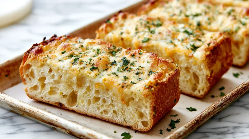 Hyper-realistic close-up of one individual serving piece of cheesy garlic bread cut crosswise from a split 16-ounce French bread loaf, about 2 inches wide and 4 inches long, rounded golden crust on the bottom, curved French bread side crust, soft airy bread interior visible on both cut ends, melted mozzarella and cheddar on top over buttery garlic spread, lightly browned cheese spots, finely chopped parsley, placed on a parchment-lined light metal baking sheet, a few other matching cut pieces softly blurred behind it, white marble countertop, bright white kitchen background, soft natural window light, editorial food photography, realistic proportions, not a full loaf, not a long half loaf, not square, not ciabatta, not focaccia, no people, no hands, no text, no watermark