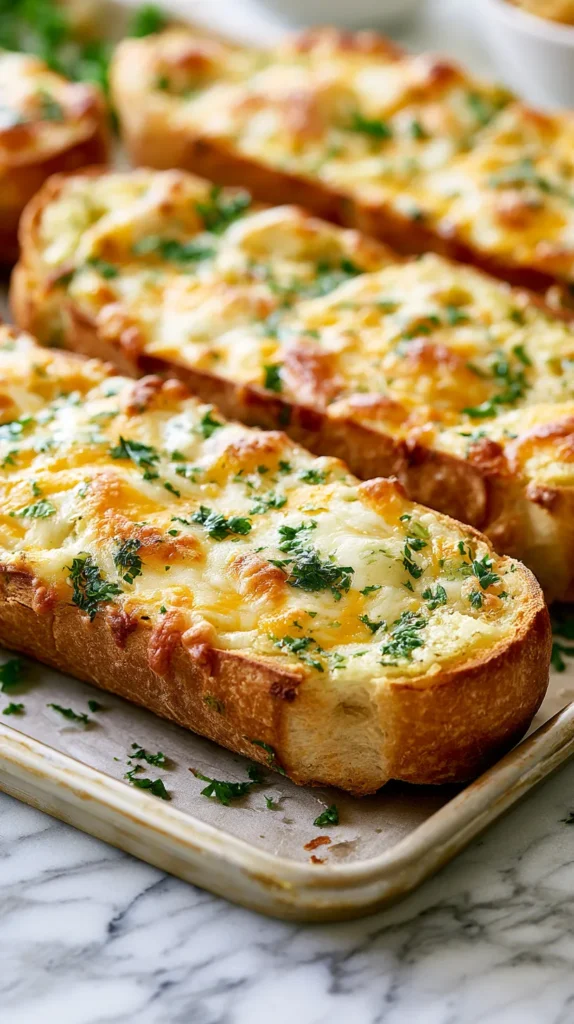 Hyper-realistic close-up of one long narrow piece of cheesy garlic bread cut from a large 16-ounce French bread loaf, rounded golden crust along the bottom and sides, soft airy French bread interior, not square, not blocky, not ciabatta, not focaccia, melted mozzarella and cheddar over buttery garlic spread, lightly browned cheese spots, finely chopped parsley, sitting on a parchment-lined light metal baking sheet, remaining split French bread loaf softly blurred in the background, white marble counter, bright white kitchen background, soft natural window light, editorial food photography, realistic proportions and textures, no people, no hands, no text, no watermark