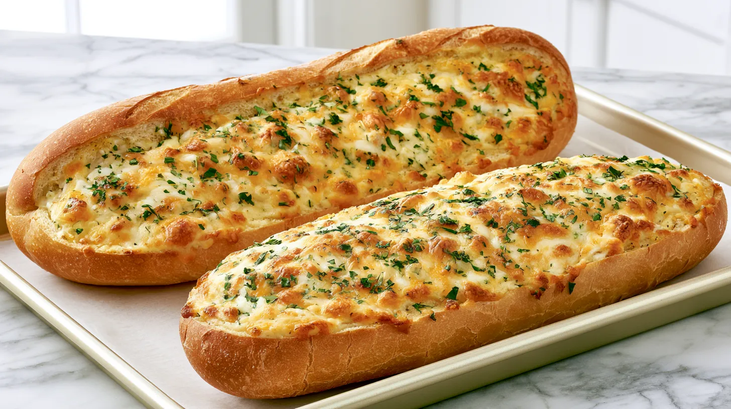 two halves of a baked cheesy garlic bread, each topped with melted white and orange cheese and sprinkled with chopped green parsley, are arranged side by side on a metallic baking sheet. the cheese is bubbly and golden in some areas. small scattered pieces of parsley and other food remnants are visible on the grey textured surface of the baking sheet around the bread. the bread is elongated and slightly rounded at the ends, with a golden brown crust visible along its edges.