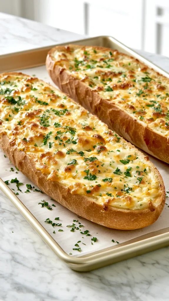 Hyper-realistic food photo of one individual piece of cheesy garlic bread cut crosswise from a split 16-ounce French bread loaf, short serving-size piece about 2 inches wide and 4 inches long, rounded golden bottom crust, curved side crust from French bread, soft airy interior visible at the cut ends, moderate melted mozzarella and cheddar on top, buttery garlic spread under the cheese, light browned cheese spots, chopped parsley, centered on a simple white plate, white marble kitchen counter, bright white kitchen background, soft natural window light, shallow depth of field, realistic textures and proportions, not a full loaf, not a long bread half, not square, not ciabatta, not focaccia, no people, no hands, no text, no watermark