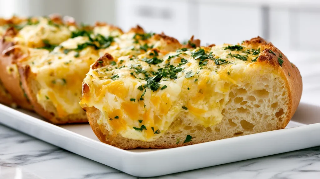 Close-up of cheesy garlic bread, crisp crust and soft center, slices of french cheesy garlic bread, on a white serving tray, melted mozzarella, sharp cheddar, and Parmesan across the top, visible garlic butter, golden toasted edges, flecks of fresh parsley, clean white marble surface, bright airy kitchen background, shallow depth of field, hyper-realistic editorial food photo, no people, no hands, no text, no watermark