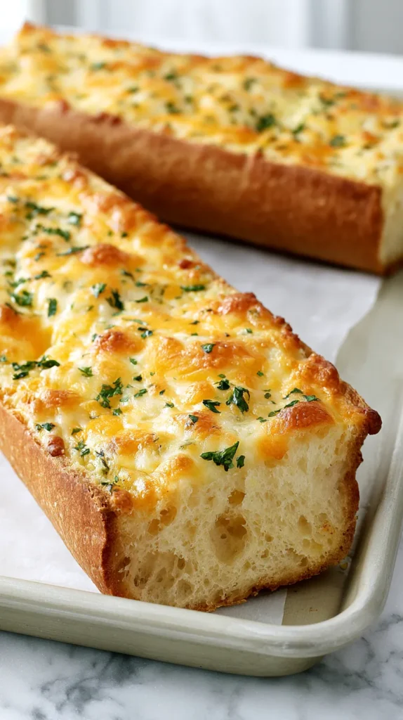 Close-up of cheesy garlic bread, crisp crust and soft center, slices of french cheesy garlic bread, on a white serving tray, melted mozzarella, sharp cheddar, and Parmesan across the top, visible garlic butter, golden toasted edges, flecks of fresh parsley, clean white marble surface, bright airy kitchen background, shallow depth of field, hyper-realistic editorial food photo, no people, no hands, no text, no watermark