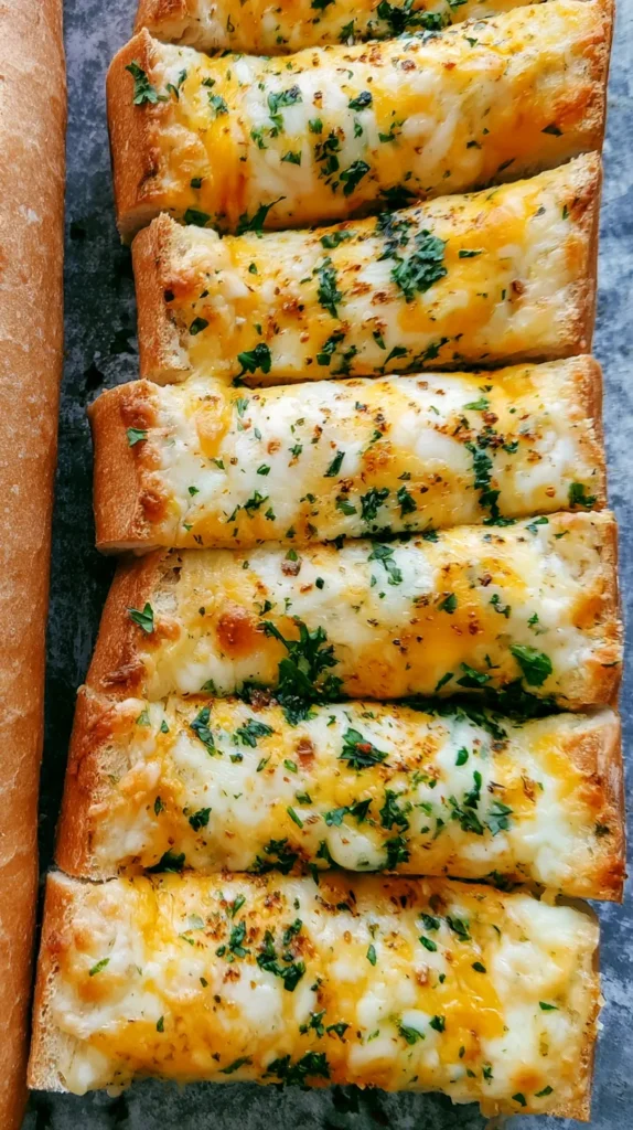 garlic bread with melted cheese and green herb garnish is shown from directly above, arranged in a diagonal line of six pieces. the bread crust is golden. the cheese topping is a blend of white and yellow, with visible specks of green parsley and dried seasoning. a portion of an uncheesed baguette is visible on the left side of the frame. the French bread is situated on a dull, metallic gray background.