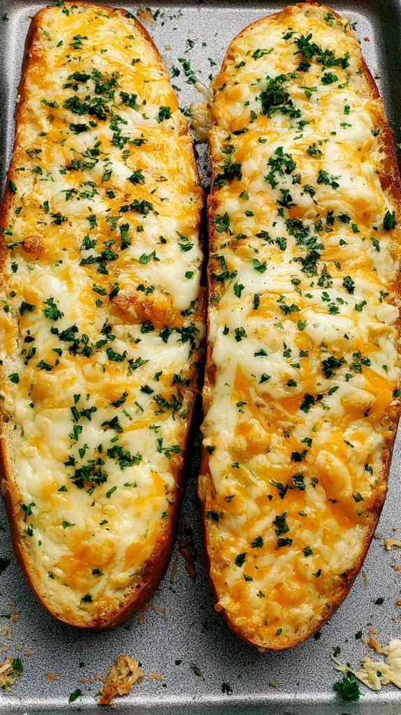 two halves of a baked cheesy garlic bread, each topped with melted white and orange cheese and sprinkled with chopped green parsley, are arranged side by side on a metallic baking sheet. the cheese is bubbly and golden in some areas. small scattered pieces of parsley and other food remnants are visible on the grey textured surface of the baking sheet around the bread. the bread is elongated and slightly rounded at the ends, with a golden brown crust visible along its edges.