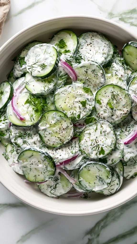 Overhead editorial food photography of cucumber dill Greek yogurt salad in a shallow white ceramic bowl on a white marble kitchen counter, made with thinly sliced unpeeled English cucumbers with visible dark green edges, thick plain Greek yogurt dressing, fresh lemon juice, olive oil, finely grated garlic, fresh chopped dill, fresh chopped parsley, thin visible slices of red onion throughout the salad, cracked black pepper, creamy dressing clearly clinging to the cucumbers, bright soft diffused natural window light, evenly lit white kitchen setting, clean fresh daylight food photography, no harsh shadows, no dark shadows inside the bowl, no dramatic lighting, no moody lighting, realistic crisp cucumber texture, fresh cold summer salad, no text, no watermark