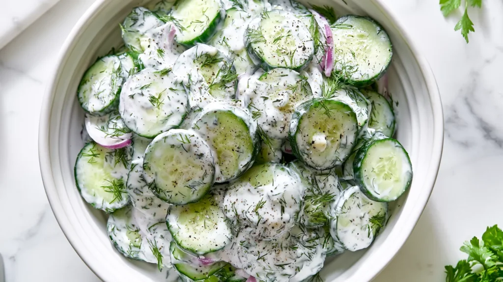 Overhead editorial food photography of cucumber dill Greek yogurt salad in a shallow white ceramic bowl on a white marble kitchen counter, made with thinly sliced unpeeled thin English cucumbers with visible dark green edges, thick plain Greek yogurt dressing, fresh lemon juice, olive oil, finely grated garlic, fresh chopped dill, fresh chopped parsley, thin slices of red onion throughout the salad, cracked black pepper, and a light glossy coating from the dressing, cucumber slices cut very thin and evenly, creamy dressing clearly clinging to the cucumbers, fresh cold summer salad, soft natural window light, bright white kitchen background, clean fresh styling, realistic textures, no text, no watermark