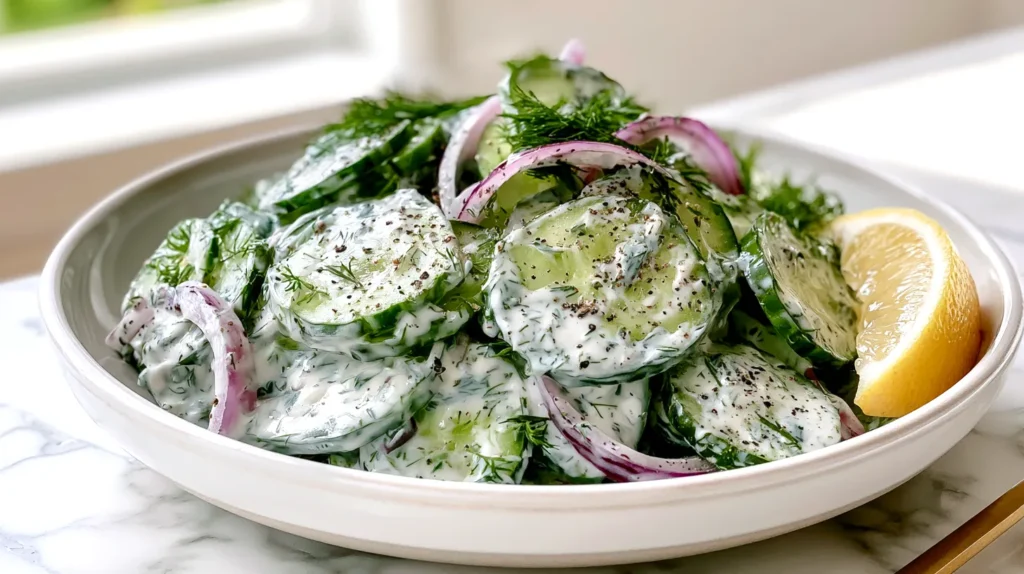Hyper-realistic hero image of cucumber dill Greek yogurt salad served in a shallow white ceramic bowl on a white marble kitchen counter, made with thinly sliced cucumbers, thick plain Greek yogurt dressing, fresh chopped dill, thin sliced red onion, cracked black pepper, and a lemon wedge on the side, creamy dressing evenly coating the cucumbers, fresh cold summer salad, soft natural window light, bright white kitchen background, clean fresh styling, realistic textures, no text, no watermark