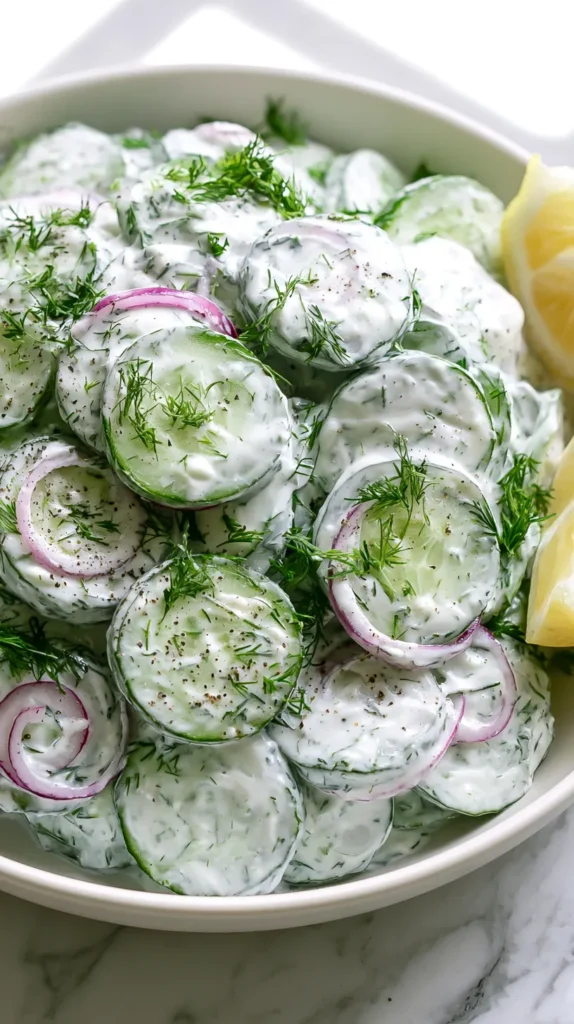 Hyper-realistic hero image of cucumber dill Greek yogurt salad served in a shallow white ceramic bowl on a white marble kitchen counter, made with thinly sliced cucumbers, thick plain Greek yogurt dressing, fresh chopped dill, thin sliced red onion, cracked black pepper, and a lemon wedge on the side, creamy dressing evenly coating the cucumbers, fresh cold summer salad, soft natural window light, bright white kitchen background, clean fresh styling, realistic textures, no text, no watermark