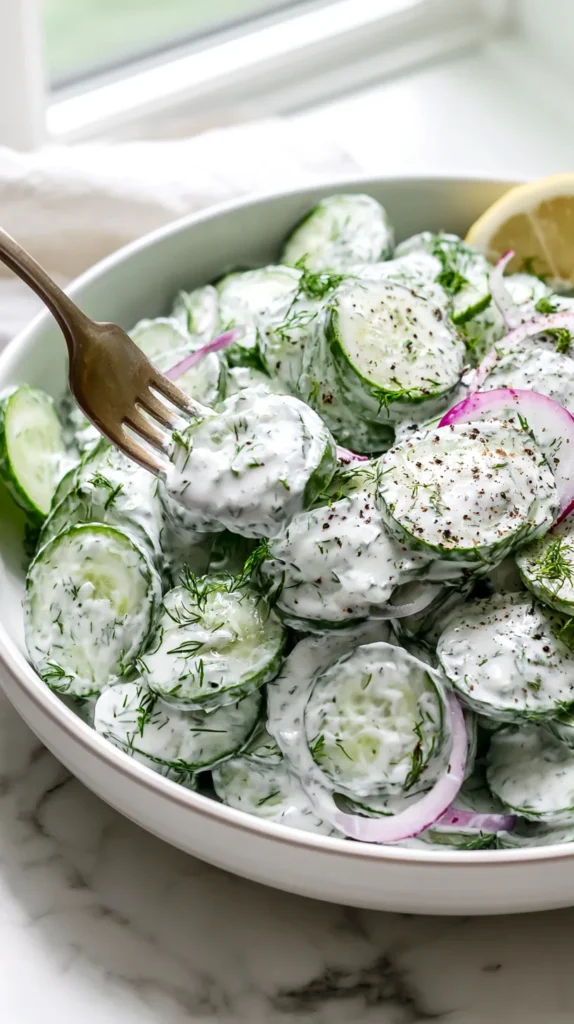 Hyper-realistic close-up food photography of cucumber dill Greek yogurt salad with a fork lifting a bite from a shallow white ceramic bowl on a white marble kitchen counter, made with thinly sliced cucumbers, thick plain Greek yogurt dressing, fresh chopped dill, thin sliced red onion, cracked black pepper, and a lemon wedge on the side, creamy dressing evenly coating the cucumbers, fresh cold summer salad, soft natural window light, bright white kitchen background, clean fresh styling, realistic textures, no hands, no text, no watermark