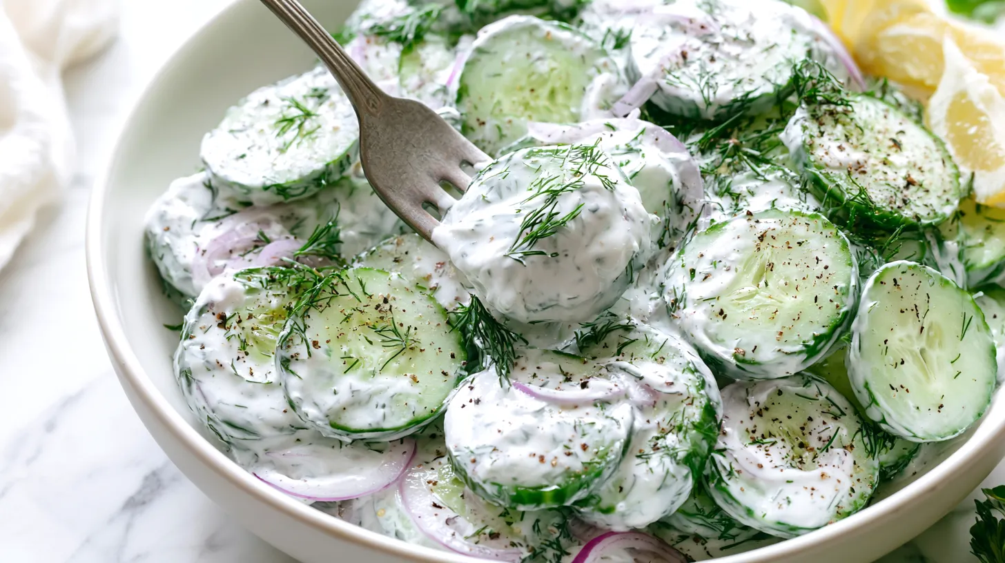 Hyper-realistic close-up food photography of cucumber dill Greek yogurt salad with a fork lifting a bite from a shallow white ceramic bowl on a white marble kitchen counter, made with thinly sliced cucumbers, thick plain Greek yogurt dressing, fresh chopped dill, thin sliced red onion, cracked black pepper, and a lemon wedge on the side, creamy dressing evenly coating the cucumbers, fresh cold summer salad, soft natural window light, bright white kitchen background, clean fresh styling, realistic textures, no hands, no text, no watermark