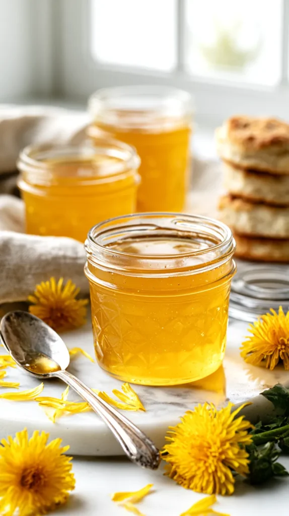 hyper-realistic photo of homemade golden dandelion jelly in small clear glass jars, smooth glossy jelly texture, warm honey-yellow color, one open jar with a silver spoon resting beside it, fresh dandelion petals scattered lightly on a white marble countertop, rustic linen napkin, toasted biscuits in the background, bright white kitchen setting, soft natural window light, crisp focus, editorial food photography, clean spring cottage kitchen mood, realistic reflections in the glass, no people, no hands, no text, no logos, no watermark