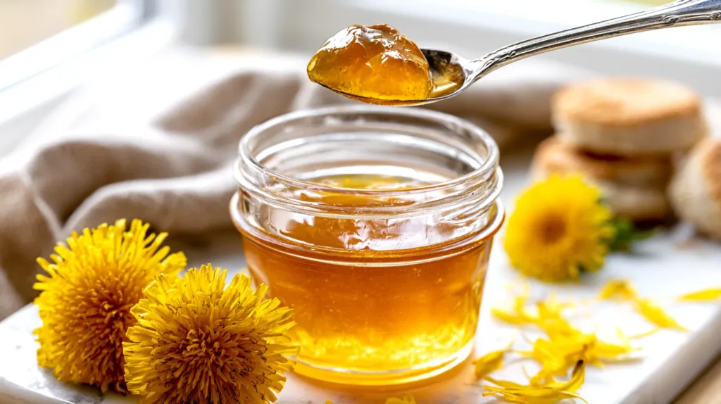 hyper-realistic vertical photo of homemade golden dandelion jelly in a small clear glass jar, a silver spoon lifting a soft-set glossy spoonful of smooth strained translucent jelly from the open jar, jelly holding its shape in a rounded mound on the spoon with only a small gentle drip, clear honey-gold color, no visible chunks, no pulp, no syrupy pour, a few whole yellow dandelion flowers and scattered loose petals on a white marble countertop, toasted biscuits softly blurred in the background, neutral linen napkin, bright white kitchen, soft natural window light, crisp focus, clean editorial food photography, realistic glass reflections, fresh spring cottage kitchen mood, no people, no hands, no text, no logos, no watermark