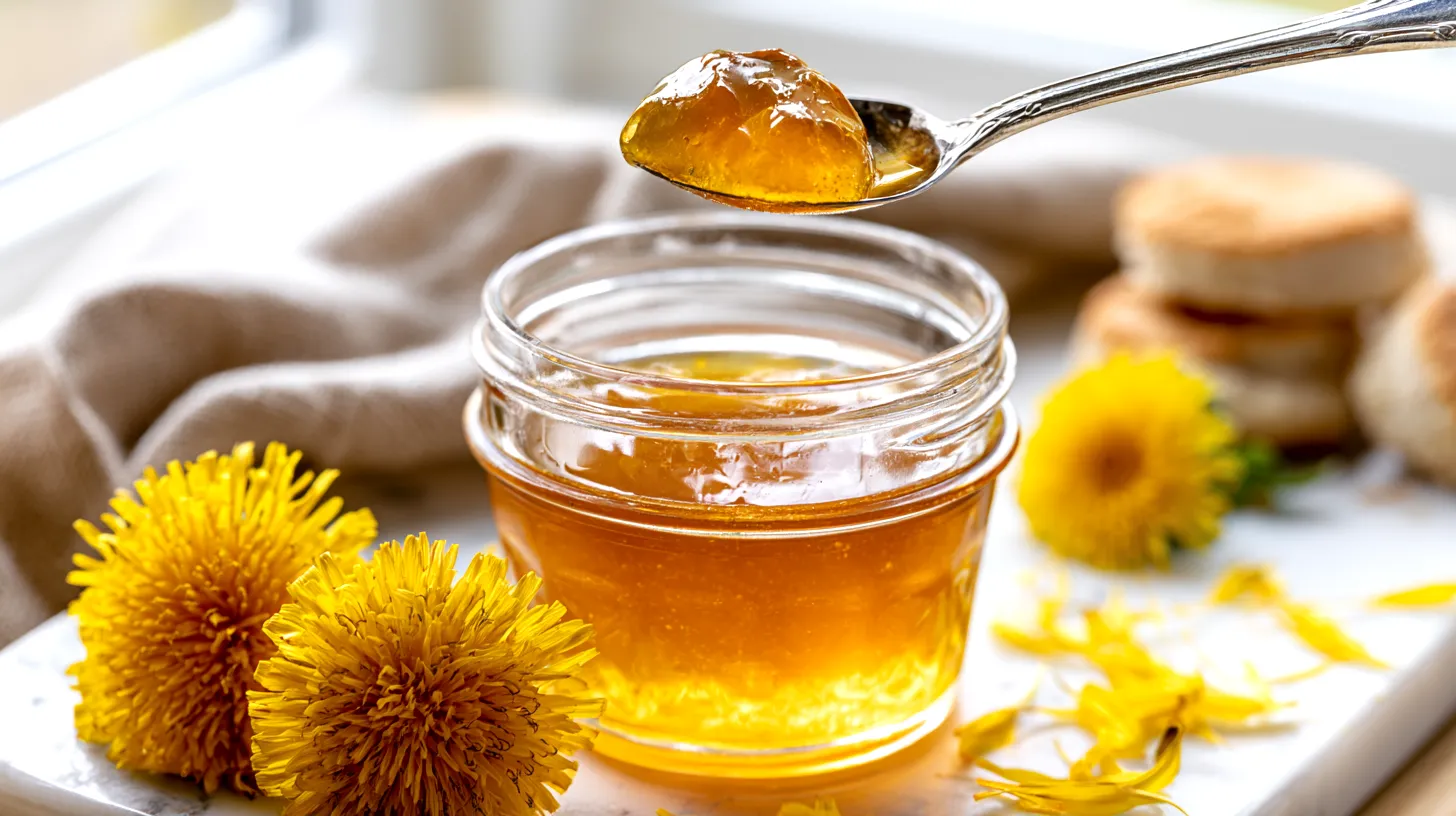 hyper-realistic vertical photo of homemade golden dandelion jelly in a small clear glass jar, a silver spoon lifting a soft-set glossy spoonful of smooth strained translucent jelly from the open jar, jelly holding its shape in a rounded mound on the spoon with only a small gentle drip, clear honey-gold color, no visible chunks, no pulp, no syrupy pour, a few whole yellow dandelion flowers and scattered loose petals on a white marble countertop, toasted biscuits softly blurred in the background, neutral linen napkin, bright white kitchen, soft natural window light, crisp focus, clean editorial food photography, realistic glass reflections, fresh spring cottage kitchen mood, no people, no hands, no text, no logos, no watermark