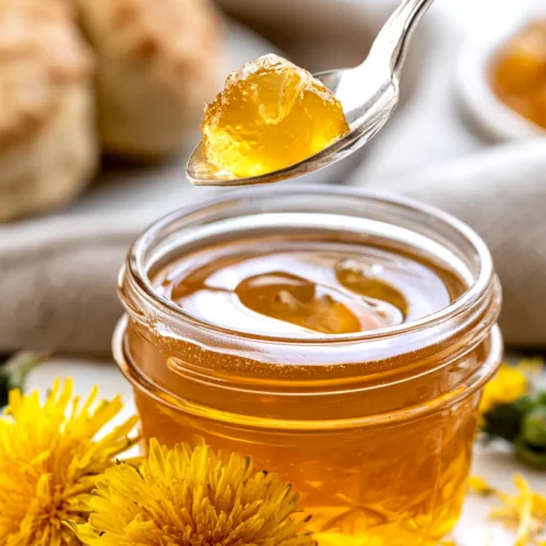 hyper-realistic vertical photo of homemade golden dandelion jelly in a small clear glass jar, a silver spoon lifting a soft-set rounded mound of smooth strained translucent dandelion jelly from the open jar, the jelly holding its shape on the spoon with only a small gentle drip back toward the jar, clear honey-gold color, glossy surface, no visible chunks, no pulp, no crystal texture, no honey-like pour, a few whole yellow dandelion flowers and scattered loose petals on a white marble countertop, toasted biscuits softly blurred in the background, neutral linen napkin, bright white kitchen, soft natural window light, crisp focus, clean editorial food photography, realistic glass reflections, fresh spring cottage kitchen mood, no people, no hands, no text, no logos, no watermark