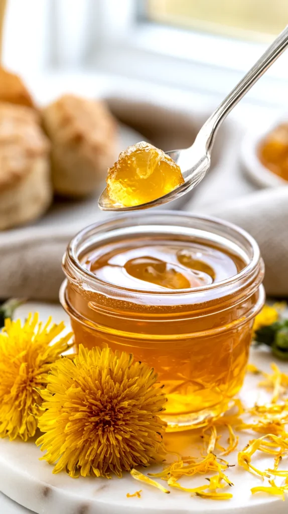 hyper-realistic vertical photo of homemade golden dandelion jelly in a small clear glass jar, a silver spoon lifting a soft-set rounded mound of smooth strained translucent dandelion jelly from the open jar, the jelly holding its shape on the spoon with only a small gentle drip back toward the jar, clear honey-gold color, glossy surface, no visible chunks, no pulp, no crystal texture, no honey-like pour, a few whole yellow dandelion flowers and scattered loose petals on a white marble countertop, toasted biscuits softly blurred in the background, neutral linen napkin, bright white kitchen, soft natural window light, crisp focus, clean editorial food photography, realistic glass reflections, fresh spring cottage kitchen mood, no people, no hands, no text, no logos, no watermark