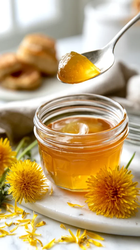 hyper-realistic vertical food photo of homemade golden dandelion jelly in a small clear glass jar, a silver spoon holding a small rounded scoop of soft-set smooth strained jelly just above the open jar, jelly stays on the spoon like classic jarred jelly, glossy translucent honey-gold color, smooth gel texture, no visible chunks, no pulp, no petals inside the jelly, no syrup stream, no long drip, no honey pour, open jar surface shows a soft spoon mark, whole yellow dandelion flowers and scattered loose petals on a white marble countertop, toasted biscuits softly blurred in the background, neutral linen napkin, bright white kitchen, soft natural window light, crisp focus, realistic glass reflections, clean editorial food photography, fresh spring cottage kitchen mood, no people, no hands, no text, no logos, no watermark