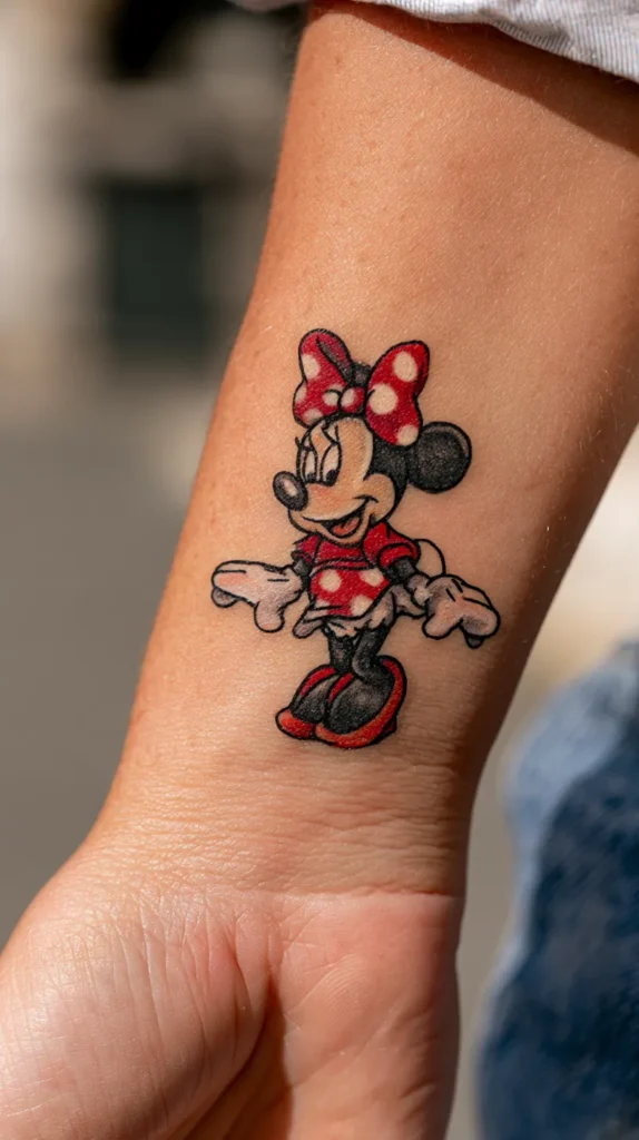 Minnie Mouse wrist tattoo in full-color