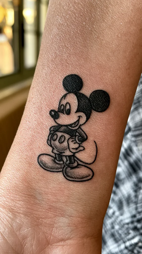 Mickey Mouse tattoo on the wrist of a woman