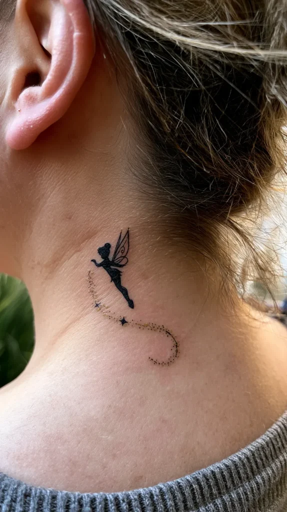 tinker bell tattoo in black ink, back of neck, Disney style