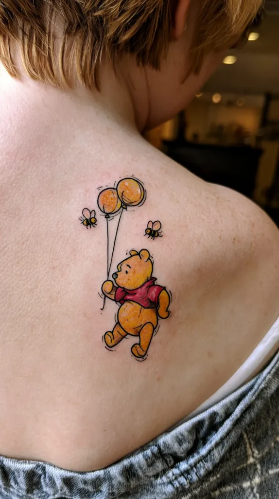 Winnie the pooh, holding a balloon, small bees nearby
