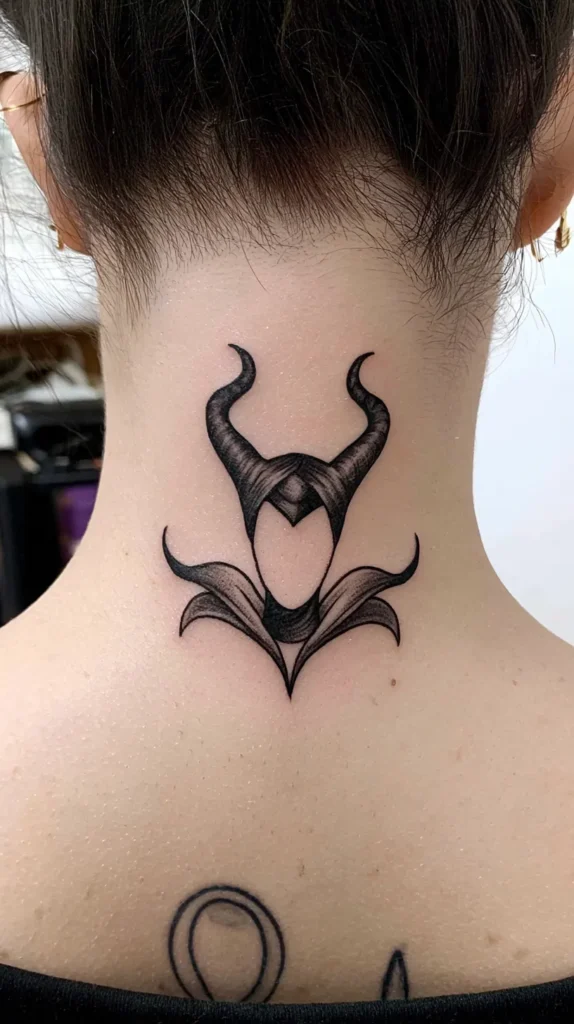sketch of Maleficent head on the back of the neck of a woman