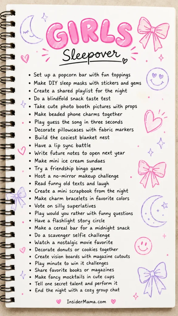listing of sleepover ideas for an easy and fun night