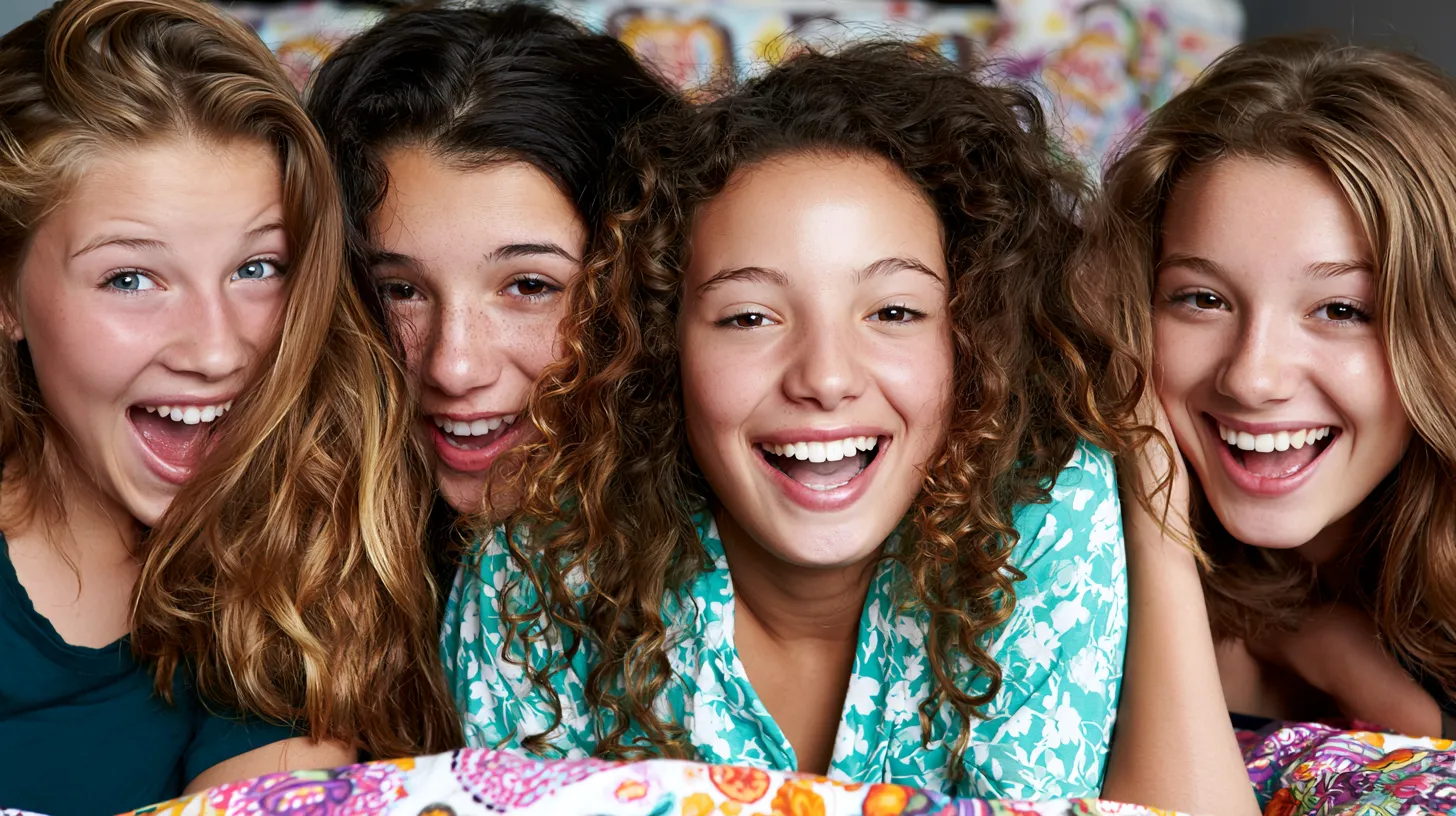 four girls smiling, wearing pajamas, slumber party