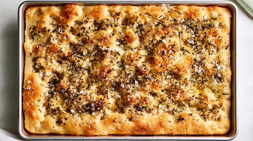 hyper-realistic photo of golden focaccia bread baked in a rectangular metal pan, deep dimpled surface filled with olive oil, flaky sea salt, chopped rosemary, crisp browned edges, airy bubbles visible on the top, bright white kitchen lighting, minimal shadows, clean neutral background, food magazine style, no people, no hands, no text