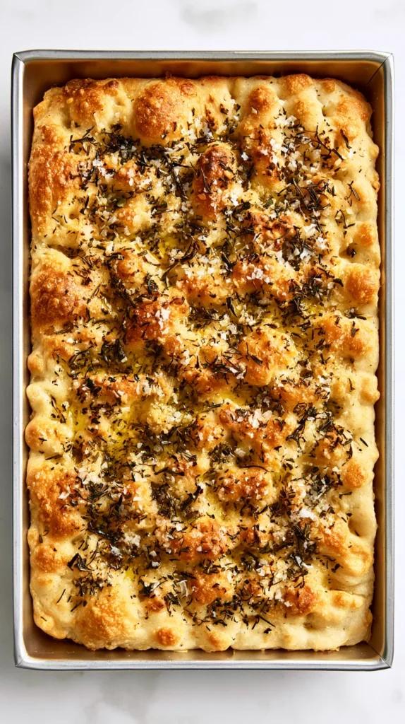 hyper-realistic photo of golden focaccia bread baked in a rectangular metal pan, deep dimpled surface filled with olive oil, flaky sea salt, chopped rosemary, crisp browned edges, airy bubbles visible on the top, bright white kitchen lighting, minimal shadows, clean neutral background, food magazine style, no people, no hands, no text