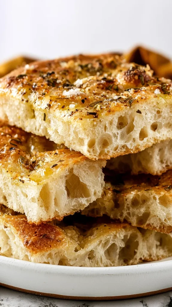hyper-realistic close-up photo of sliced focaccia bread squares stacked casually on a white ceramic plate, crisp golden crust, soft airy interior with large bubbles, glossy olive oil sheen, rosemary bits and flaky salt on top, bright white lighting, minimal shadows, cozy kitchen counter, no people, no hands, no text