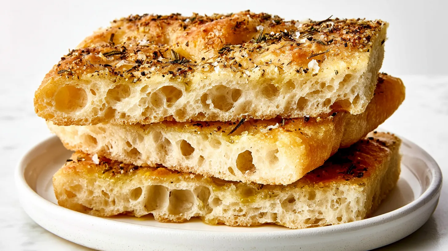 hyper-realistic close-up photo of sliced focaccia bread squares stacked casually on a white ceramic plate, crisp golden crust, soft airy interior with large bubbles, glossy olive oil sheen, rosemary bits and flaky salt on top, bright white lighting, minimal shadows, cozy kitchen counter, no people, no hands, no text
