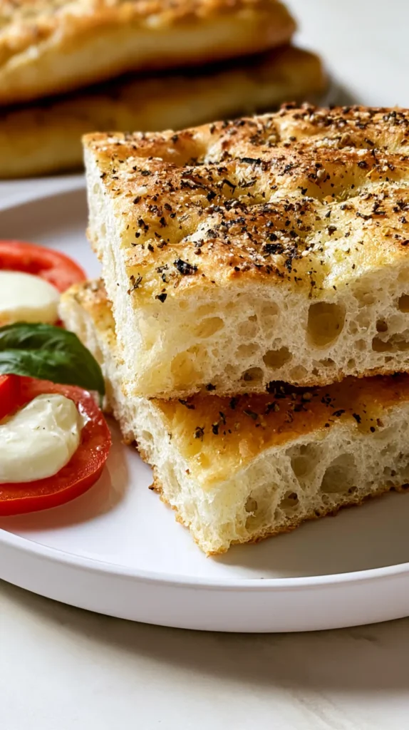 hyper-realistic photo of focaccia bread cut into sandwich-style squares, one piece opened to show airy crumb and crisp olive oil crust, simple mozzarella, tomato slices, and basil beside it, clean white plate, bright natural kitchen lighting, minimal shadows, fresh homemade bakery style, no people, no hands, no text