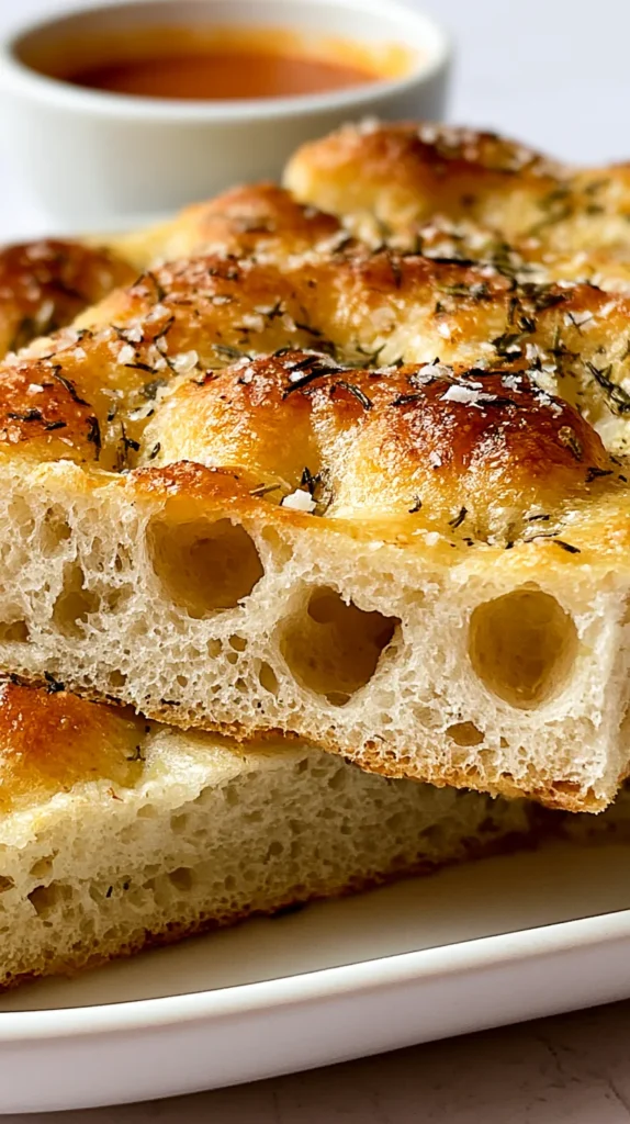 hyper-realistic photo of focaccia bread cut into sandwich-style squares, one piece opened to show airy crumb and crisp olive oil crust, simple mozzarella, tomato slices, and basil beside it, clean white plate, bright natural kitchen lighting, minimal shadows, fresh homemade bakery style, no people, no hands, no text