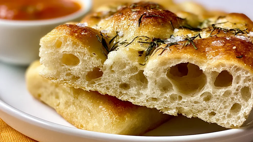 hyper-realistic close-up photo of thick golden focaccia bread squares in the foreground, cut edge facing camera to show large airy holes and fluffy open crumb, crisp olive oil bottom crust, glossy dimpled top with rosemary and flaky sea salt, small white bowl of tomato soup softly blurred in the background, bread is the main focus, clean white plate, bright white kitchen lighting, minimal shadows, cozy modern food photography, no people, no hands, no text