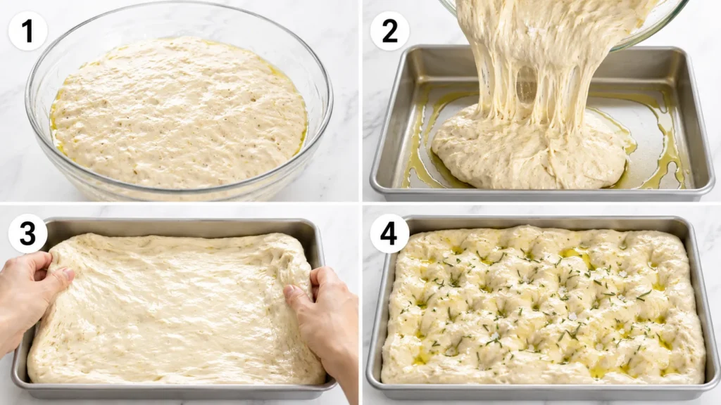 Process collage showing the sticky focaccia dough after rising, being transferred to an oiled pan, gently stretched, and prepared for dimpling before baking.