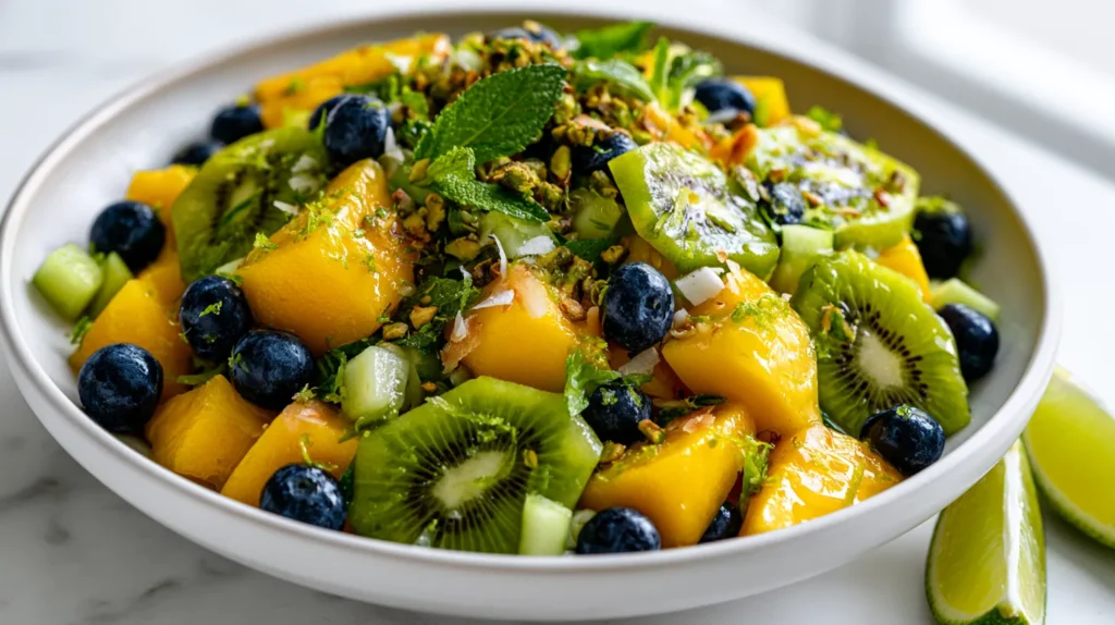 Hyper-realistic photo of a fresh kiwi mango salad in a shallow white ceramic bowl, juicy golden mango cubes, bright green kiwi slices, fresh blueberries, tiny diced cucumber pieces, lime zest, chopped fresh mint, light honey lime glaze, toasted coconut flakes, and crushed pistachios sprinkled on top, vibrant tropical colors, crisp fresh textures, glossy fruit, bright white kitchen background, white marble countertop, soft natural window light, editorial food photography, slightly overhead angle, clean summer brunch styling, fresh lime wedges beside the bowl, realistic proportions, no text, no logos, no watermark