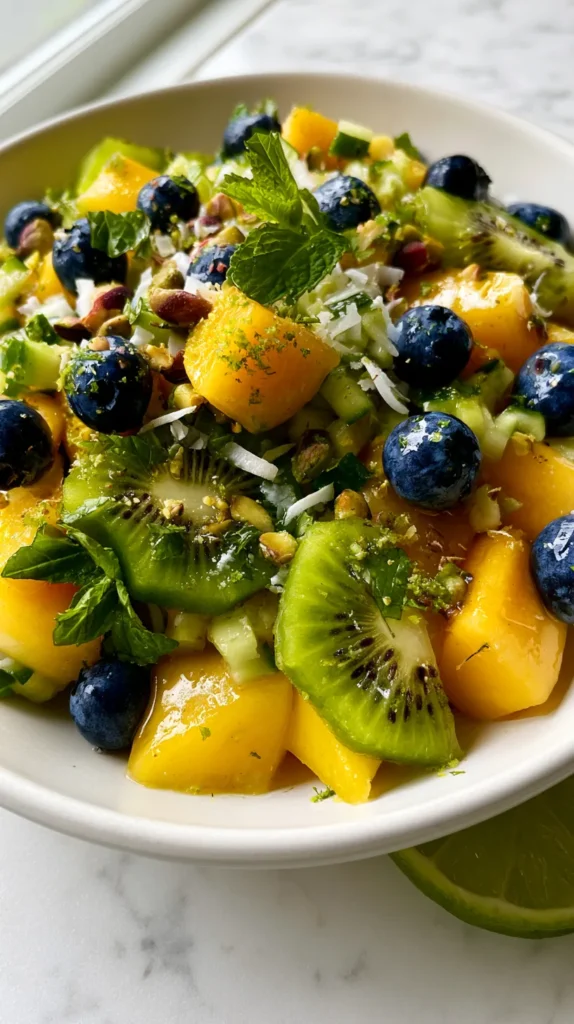 Hyper-realistic photo of a fresh kiwi mango salad in a shallow white ceramic bowl, juicy golden mango cubes, bright green kiwi slices, fresh blueberries, tiny diced cucumber pieces, lime zest, chopped fresh mint, light honey lime glaze, toasted coconut flakes, and crushed pistachios sprinkled on top, vibrant tropical colors, crisp fresh textures, glossy fruit, bright white kitchen background, white marble countertop, soft natural window light, editorial food photography, slightly overhead angle, clean summer brunch styling, fresh lime wedges beside the bowl, realistic proportions, no text, no logos, no watermark