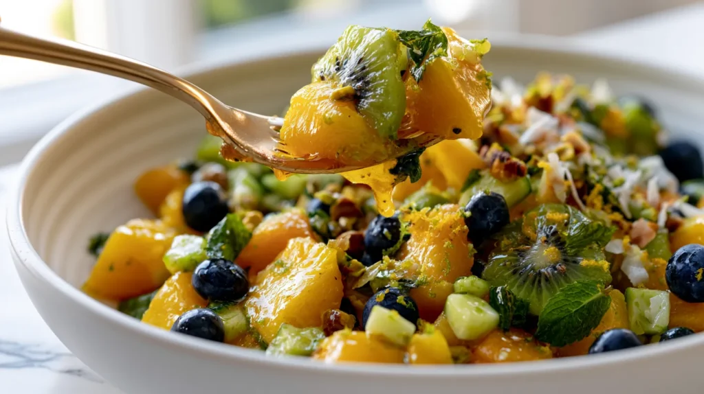 Hyper-realistic close-up photo of a fork lifting a glossy bite of kiwi mango salad above a shallow white ceramic bowl, with juicy golden mango chunks, bright green kiwi slices, fresh blueberries, tiny diced cucumber pieces, chopped mint, lime zest, toasted coconut flakes, and crushed pistachios, light honey lime glaze clinging to the fruit, vibrant tropical colors, crisp fresh textures, bright white kitchen background, white marble countertop, soft natural window light, editorial food photography, shallow depth of field, realistic proportions, no hands, no text, no logos, no watermark
