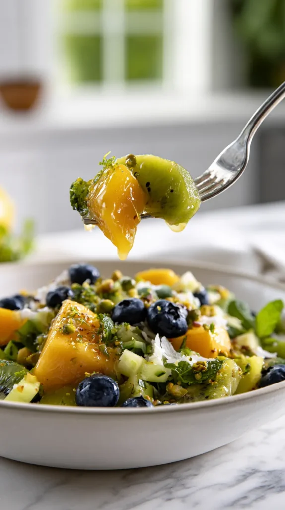 Hyper-realistic close-up photo of a fork lifting a glossy bite of kiwi mango salad above a shallow white ceramic bowl, with juicy golden mango chunks, bright green kiwi slices, fresh blueberries, tiny diced cucumber pieces, chopped mint, lime zest, toasted coconut flakes, and crushed pistachios, light honey lime glaze clinging to the fruit, vibrant tropical colors, crisp fresh textures, bright white kitchen background, white marble countertop, soft natural window light, editorial food photography, shallow depth of field, realistic proportions, no hands, no text, no logos, no watermark