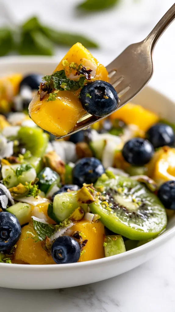 Hyper-realistic vertical food photo of a fork lifting a glossy bite of kiwi mango salad above a shallow white ceramic bowl, juicy golden mango chunks, bright green kiwi slices, fresh blueberries, tiny diced cucumber pieces, chopped mint, lime zest, toasted coconut flakes, and crushed pistachios, light honey lime glaze clinging to the fruit, vibrant tropical colors, crisp fresh textures, bright white kitchen background, white marble countertop, soft natural window light, editorial food photography, shallow depth of field, clean composition, extra open space at the top for text overlay, realistic proportions, no hands, no text, no logos, no watermark