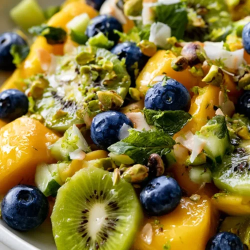 Hyper-realistic photo of a fresh kiwi mango salad in a shallow white ceramic bowl, juicy golden mango chunks, bright green kiwi slices, fresh blueberries, tiny diced cucumber pieces, chopped fresh mint, lime zest, toasted coconut flakes, and crushed pistachios scattered on top, light honey lime glaze, vibrant tropical colors, crisp fresh textures, glossy fruit, bright white kitchen background, white marble countertop, soft natural window light, editorial food photography, slightly overhead angle, clean styled composition, bowl fully visible, bright airy summer look, realistic proportions, no hands, no text, no logos, no watermark