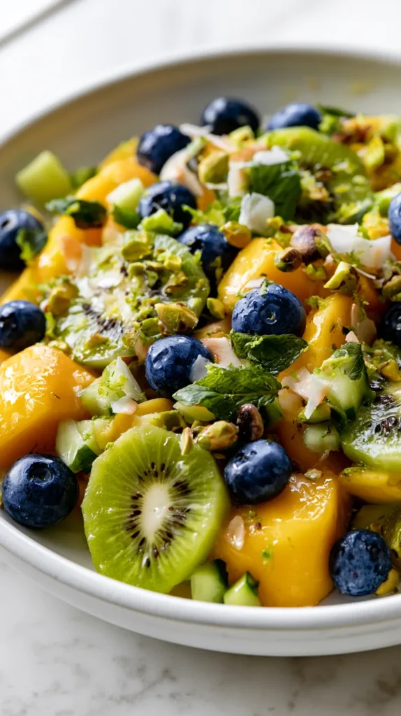 Hyper-realistic photo of a fresh kiwi mango salad in a shallow white ceramic bowl, juicy golden mango chunks, bright green kiwi slices, fresh blueberries, tiny diced cucumber pieces, chopped fresh mint, lime zest, toasted coconut flakes, and crushed pistachios scattered on top, light honey lime glaze, vibrant tropical colors, crisp fresh textures, glossy fruit, bright white kitchen background, white marble countertop, soft natural window light, editorial food photography, slightly overhead angle, clean styled composition, bowl fully visible, bright airy summer look, realistic proportions, no hands, no text, no logos, no watermark