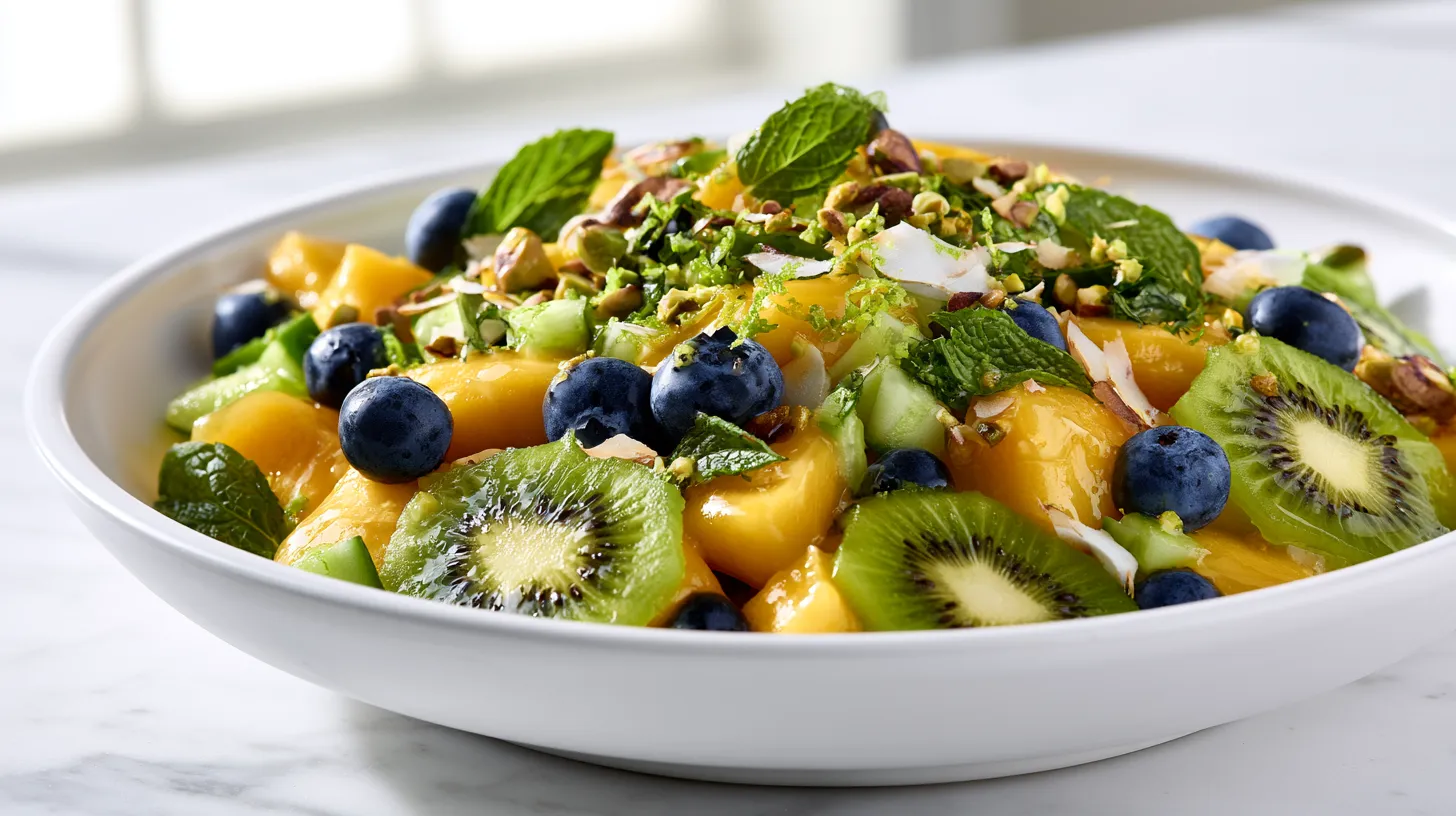 Hyper-realistic photo of a fresh kiwi mango salad in a shallow white ceramic bowl, juicy golden mango chunks, bright green kiwi slices, fresh blueberries, tiny diced cucumber pieces, chopped fresh mint, lime zest, toasted coconut flakes, and crushed pistachios scattered on top, light honey lime glaze, vibrant tropical colors, crisp fresh textures, glossy fruit, bright white kitchen background, white marble countertop, soft natural window light, editorial food photography, slightly overhead angle, clean styled composition, bowl fully visible, bright airy summer look, realistic proportions, no hands, no text, no logos, no watermark
