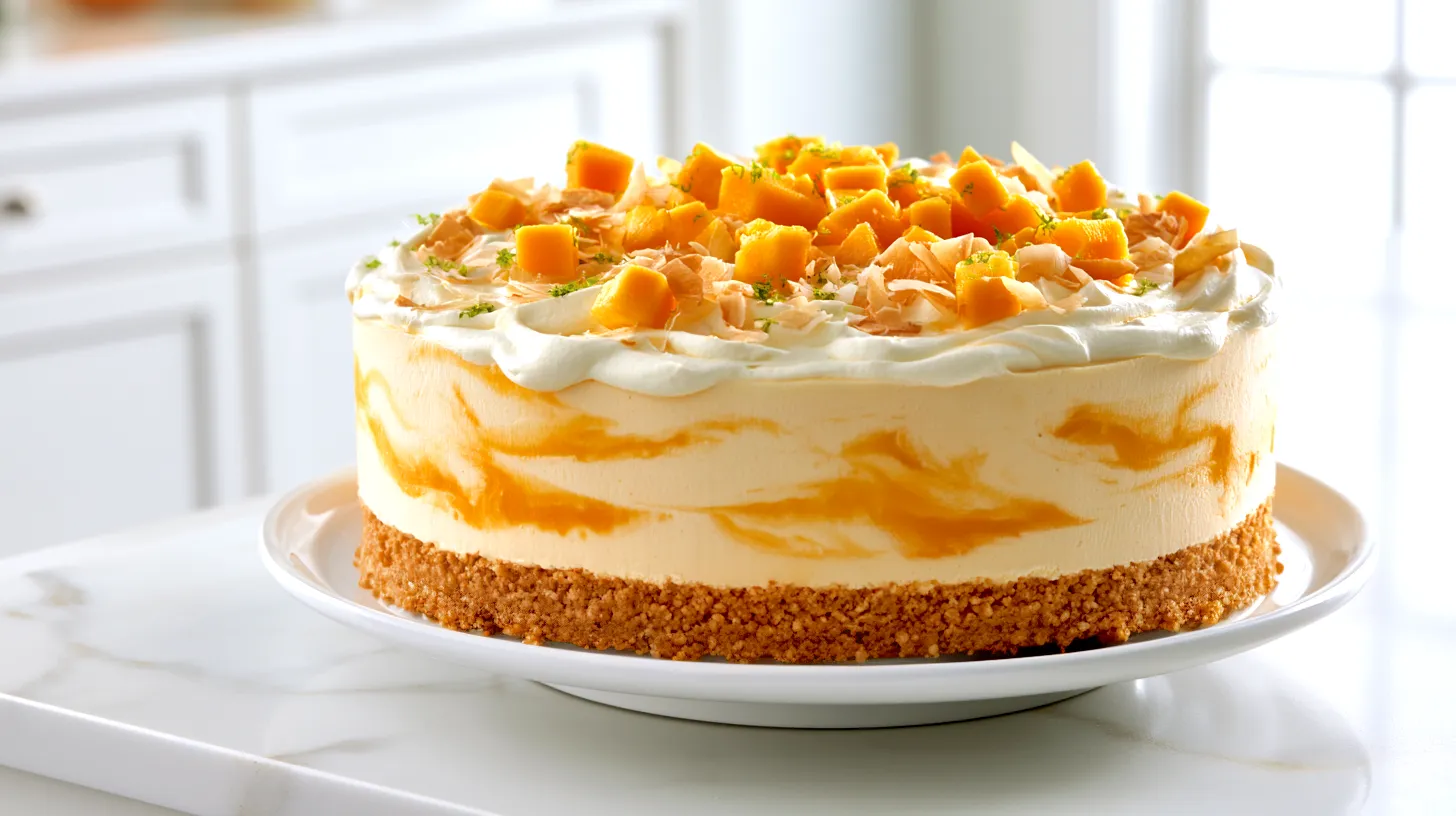 hyper-realistic food photography of a whole mango ice cream cake in a 9-inch round springform pan with the metal ring removed, tall clean-sided cake with a thick golden vanilla wafer crumb crust, creamy pale mango-orange ice cream layers, soft swirls of deeper mango puree visible on top, finished with a smooth layer of whipped topping, topped with small fresh diced mango cubes, light toasted coconut flakes, and a little lime zest, set on a white cake stand on a white marble countertop in a bright white kitchen, soft natural window light, crisp editorial styling, realistic frozen texture, clean sharp edges, tropical but elegant, no people, no text, no logo, no watermark
